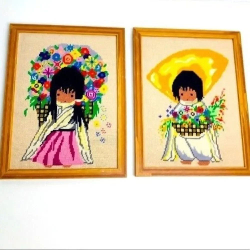 2 Native American Cross Stitch framed art floral vintage